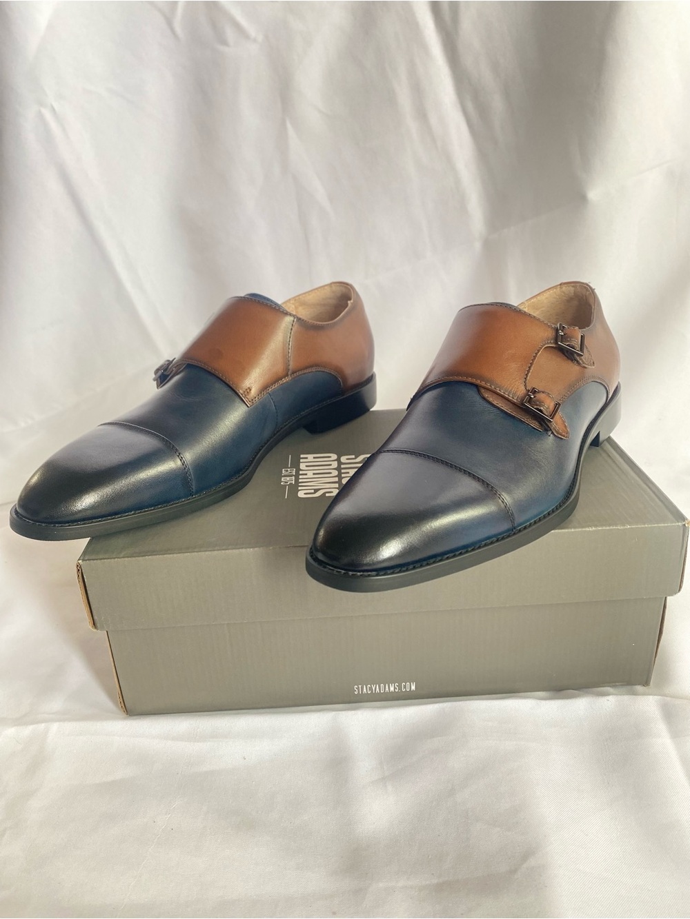 Stacy Adams Raythorne Cap Toe Double Monk Strap Navy Brown Leather Oxford Men 11